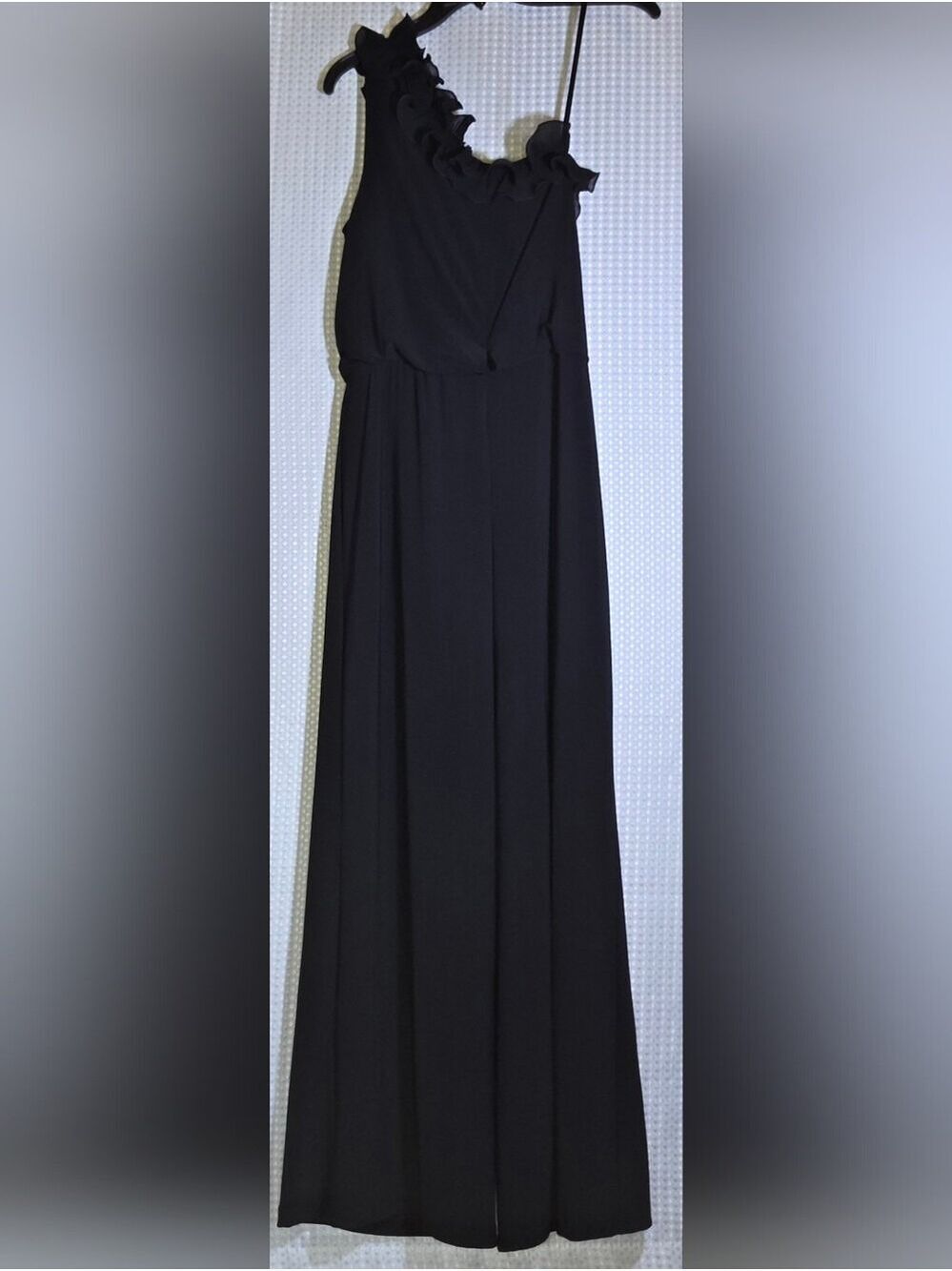 Adrianna Papell Black One-Shoulder Ruffle Wide Leg Jumpsuit Luxe Fashion Size 10 - Picture 8 of 15